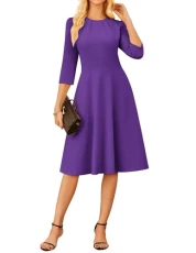 Women 3/4 Sleeve Dress Causal Crew Neck Plain Midi Dresses with Pockets L Purple