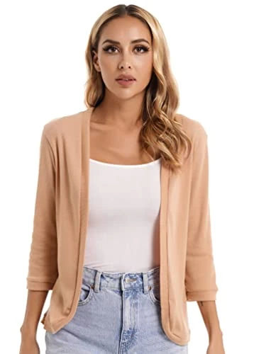 Women 3/4 Sleeve Open Front Cardigan Lightweight Solid Shrug Sweater Sweatshirt Blouse Top Khaki S