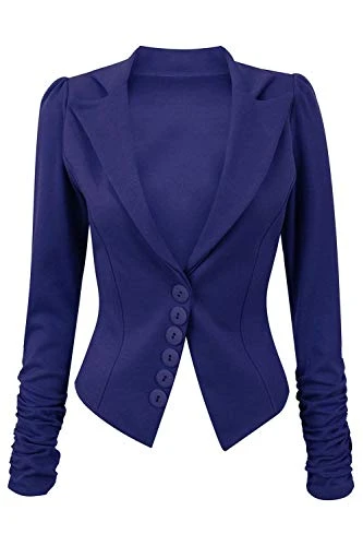 Women 6 Button Smart Ruched Long Sleeve Blazer Navy Plus Size UK 16