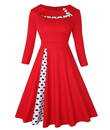 Women A-Line Dress V-Neck Short Sleeve Dress 3/4 Sleeve Fit Flare Dress Red UK 10