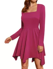 Women A Line Mini Party Dress Long Sleeve Square Neck Irregular Hem Skater Dress Deep Pink L