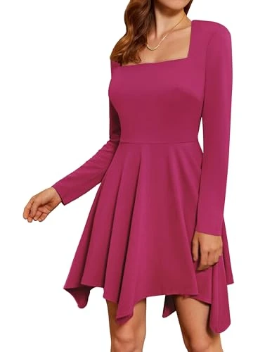 Women A Line Mini Party Dress Long Sleeve Square Neck Irregular Hem Skater Dress Deep Pink L