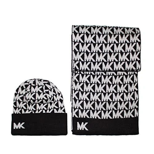 Women All Over Logo Knitted Scarf & Beanie MK Gift Box, One Size (Black)