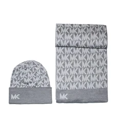 Women All Over Logo Knitted Scarf & Beanie MK Gift Box, One Size (Pearl Heather Grey)