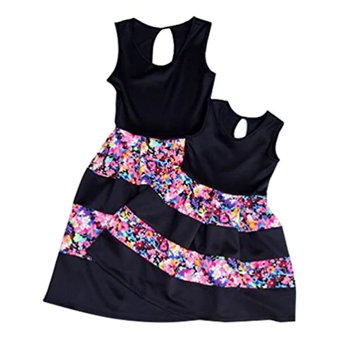 Women and Kids Floral Printed Skirt Sleeveless Midi Round Neck Mom Kids Matching Dress, Black 4-5T