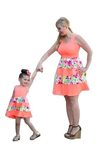 Women and Kids Floral Printed Skirt Sleeveless Midi Round Neck Mom Kids Matching Dress, Orange L (mom)