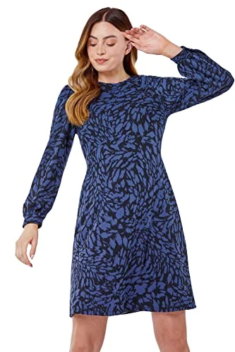 Women Animal Print Jacquard Dress - Ladies Autumn Everyday Winter Holiday Pull-On Round Neck Long Sl