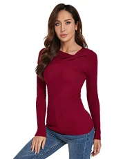 Women Asymmetric Twist Knot Neckline Ribbed Sweater, Crimson Red, Large