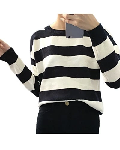 Women Autumn Elegant Stripe Pattern Knitwear Warm Round Neck Sweaters Casual Tops Outwear Jumper Bla