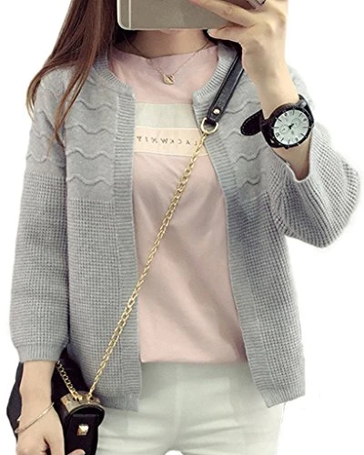 Women Autumn Sweet Style Cardigan Short Knitwear Fashion Tops Round Neck Outwear Wave Pattern Coats Grey One Size