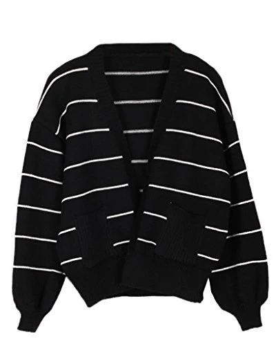Women Autumn Winter New Knitwear Loose Short Cardigan Stripe Pattern Coats Casual Tops Sweaters Black One Size
