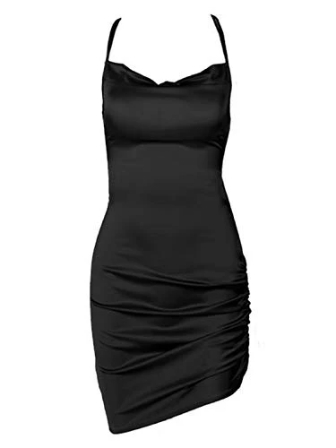 Women Backless Strappy Bodycon Asymmetric Hem Ruched Split Evening Party Club Mini Dress Black L