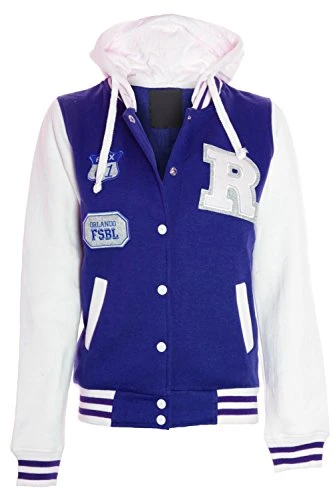 - Women Baseball Varsity Hooded Bomber Jacket with Pockets & Snap Fasteners Closure Plus Size Top Jacket (S (UK 8 EU 36 US 4), Royal)