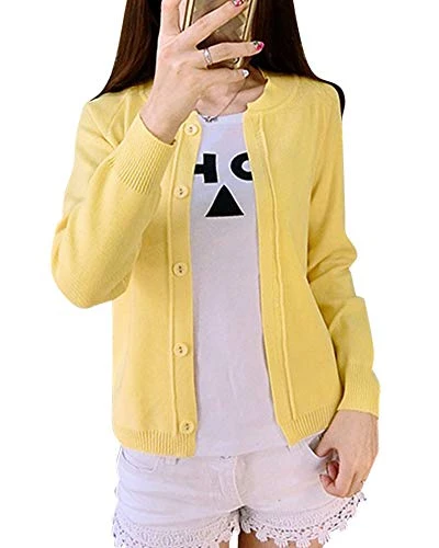 Women Basic Round Neck Fine Knit Button Down Short Cardigan Yellow L