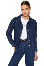 Women Basics Regular fit Puffer Shirt Collar Denim Jacket Blau