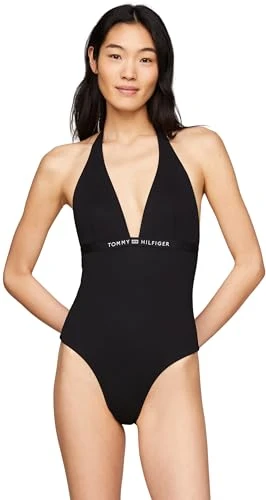 Women Bathing Suit Halter One Piece, Black (Black), M