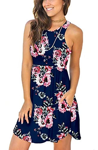 Women Beach Cover up and Wraps Ladies Summer Sleeveless Strapless Beach Sundress Ethnic Bohemian Off Shoulder Floral Printed Bandeau Casual Mini Dress Print Navy 8