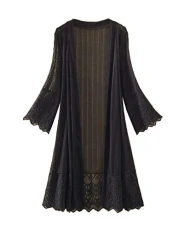 Women Beach Cover Up Lace 3/4 Sleeve Open Front Long Kimono Cardigan Black One Size Women Beach Cover Up Lace 3/4 Sleeve Open Front Long Kimono Cardigan Black One Size