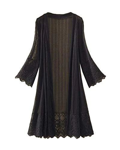 Women Beach Cover Up Lace 3/4 Sleeve Open Front Long Kimono Cardigan Black One Size