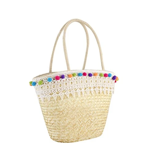 Women Beach Handbag with Lace Fringe Decoration Straw Woven Bags Casual Shopping Holiday Totes (White Lace, One Size)