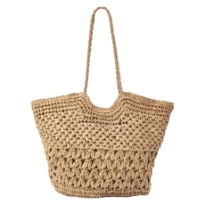 Women Beach Straw Handbag Handmade Summer Bag Weave Tote Brown 12.2" L X 7" W X 7.9" H