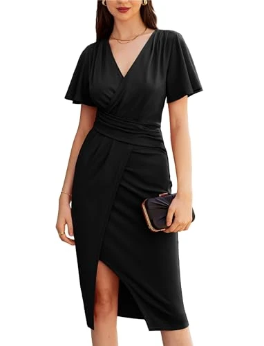 Women Black Dresses Midi Wrap Slit Bodycon Dress Short Sleeve Ruffle Ruched Smocked Pencil Business Work Dress S