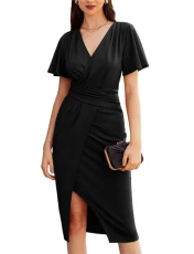 Women Black Dresses Midi Wrap Slit Bodycon Dress Short Sleeve Ruffle Ruched Smocked Pencil Business Work Dress S