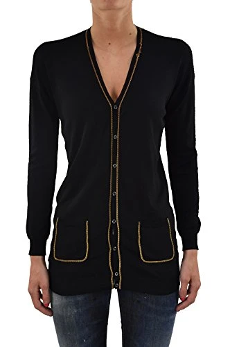 Women Black Viscose Sweater Casual Logo Chain Cardigan Buttons Pockets - Black - XS
