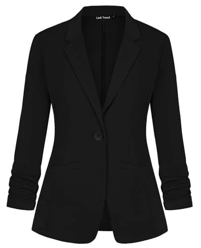 Women Blazer Jacket Elegant Notched Lapel for Formal Occasions Tops Coat Outerwear (Black L)