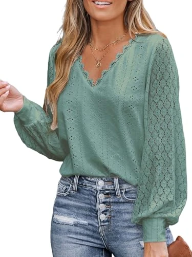 Women Blouse Cutout Scalloped Lace Top Long Lace Sleeves V Neck Banded Cuffs Chic Elegance Shirt, Sage Green, L