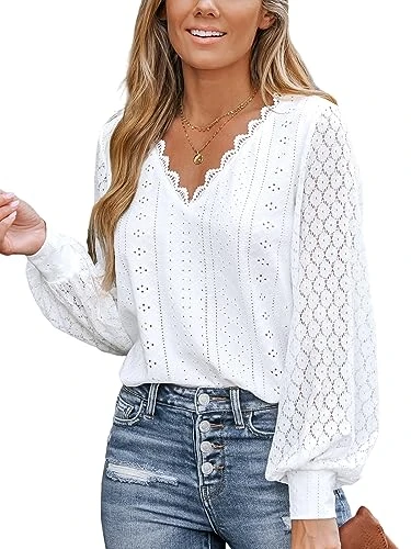 Women Blouse Cutout Scalloped Lace Top Long Lace Sleeves V Neck Banded Cuffs Chic Elegance Shirt Whi