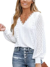 Women Blouse Cutout Scalloped Lace Top Long Lace Sleeves V Neck Banded Cuffs Chic Elegance Shirt White S Women Blouse Cutout Scalloped Lace Top Long Lace Sleeves V Neck Banded Cuffs Chic Elegance Shirt White S