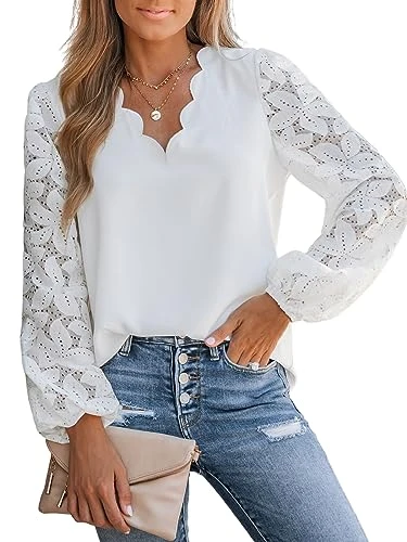 Women Blouse Floral Lace Scalloped Top Long Sleeve V Neck Elegance Shirt White M