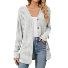 Women Blouse V-neck button Knitwear Vertical Solid Colour Sweater Lightweight Kitting Shirt Autumn Winter New Cardigan Long Sleeve Tunic Tops(Beige,XL)