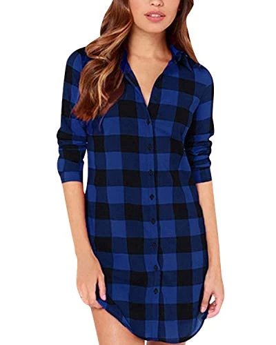 Women Blouses Tops Buffalo Check Plaid Long Sleeve Casual Button Down Shirts - - 22