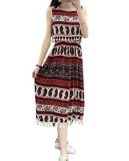 Women Bohemian High Waist Floral Print Dresses Sleeveless Beach Long Maxi Dress 10 M Women Bohemian High Waist Floral Print Dresses Sleeveless Beach Long Maxi Dress 10 M