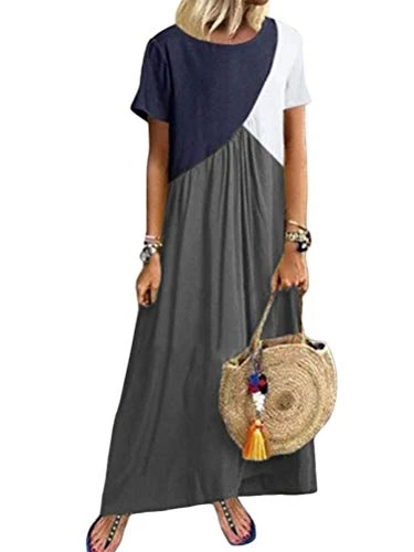 Women Boho Dress Casual Plus Size Loose Long Dresses Long Sleeve Short Sleeve Summer Autumn Lady Beach Dress B Dark Grey 6