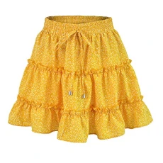 Women Boho Flower Point Print Ruffle Flared A-Line Pleated Elastic Waist Skirt Yellow