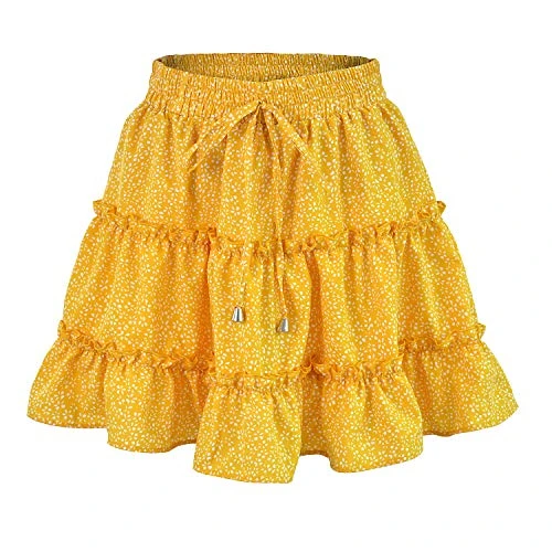 Women Boho Flower Point Print Ruffle Flared A-Line Pleated Elastic Waist Skirt Yellow