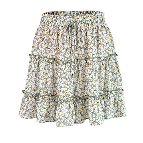 Women Boho Flower Print Ruffle Flared A-Line Pleated Elastic Waist Mini Skirt Green
