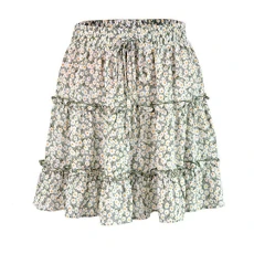 Women Boho Flower Print Ruffle Flared A-Line Pleated Elastic Waist Mini Skirt Green