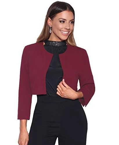 Women Bow Back Cropped Bolero Jacket 3/4 Sleeve (Wine, 10) 9176-WIN-10