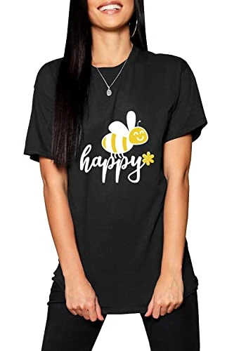 Women Boyfriend Short Sleeve Casual Summer Printed Tshirt Tees Bee Happy Print Black Small (UK 8)