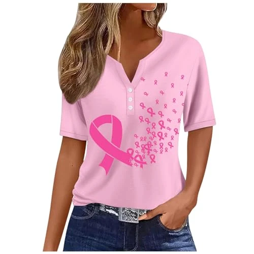 Women Breast Cancer T-Shirts Women's Short Sleeves Round Neck Butterfly Printed Breast Cancer Day T Shirts Womens Ladies International Awareness Month Casual Top (M)