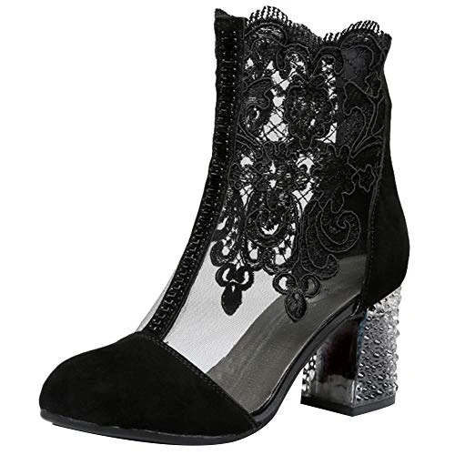 Women Breathable Lace Closed Toe Block Heel Summer Sandal Booties Dress Pumps Shoes Black SN02536 UK