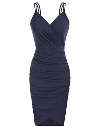 Women Bridesmaid Wedding Bodycon Dress Summer Vintage Banquet Dinner Knee Long Dress Navy Blue M