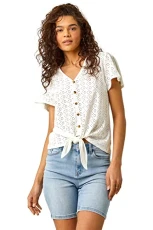 Women Broderie Anglaise Tie Front Top Ladies Floral Crochet Embroidered Blouse Smart Casual Button D