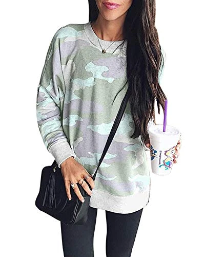 Women Camouflage Sweatshirt Round Neck Long Sleeve Pullover Jumper Tops Grey 5XL