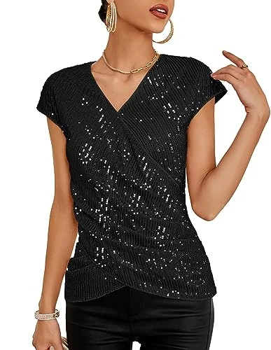 Women Cap Seelves Tank Top Sparkly Party T Shirt Wraped V-Neck Vest, Color: Black, Size: M