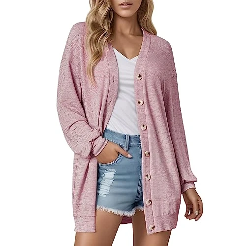 Women Cardigan Comfortable Mid-Length Long Sleeve Loose Knit Thin Coat Turtleneck Knit Women Ladies Lightweight Long Cardigan, pink, S
